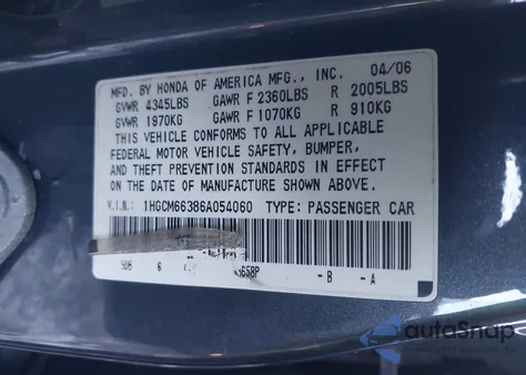 2006 Honda Accord 3.0 Lx z USA, uszkodzony, nr VIN 1HGCM66386A054060
